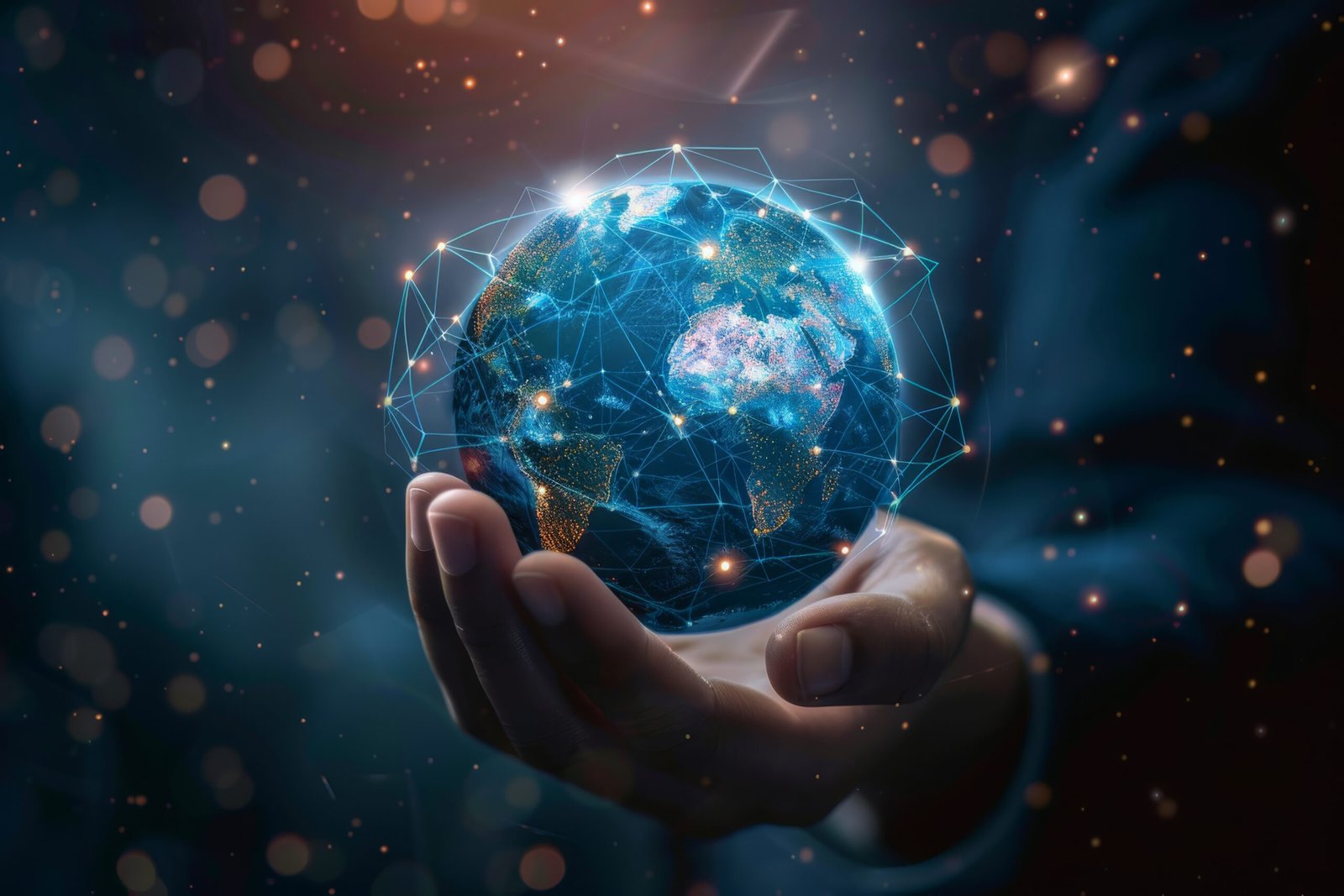 Hand holding a glowing globe with network connections. Concept of global connectivity and digital world.